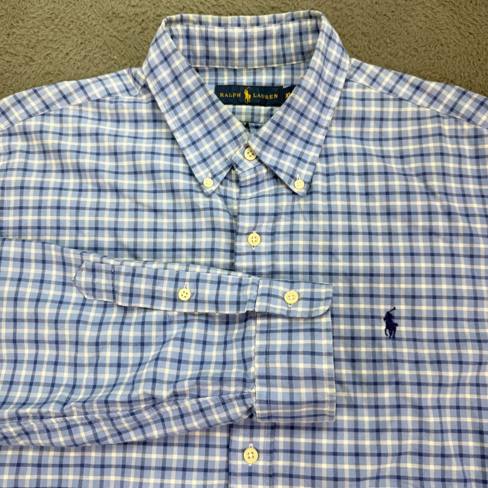 Ralph Lauren Button Down Shirt Mens XL Blue Plaid Long Sleeve Pony Logo